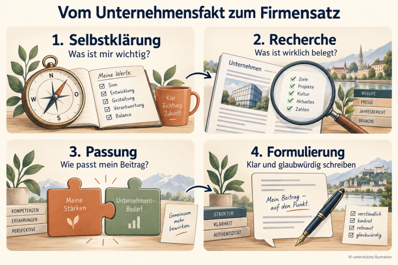 Vier Schritte zum glaubwürdigen Firmensatz: eigene Kriterien klären, Unternehmensfakten recherchieren, Passung prüfen und den eigenen Beitrag formulieren.
