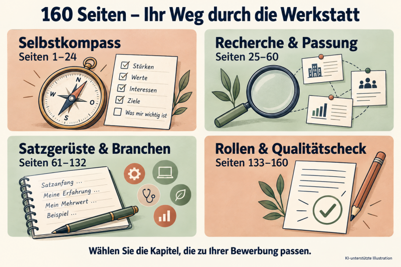 Vier Themenblöcke der 160-seitigen Firmensatz-Werkstatt: Selbstkompass, Recherche und Passung, Satzgerüste und Branchen sowie Rollen und Qualitätscheck.