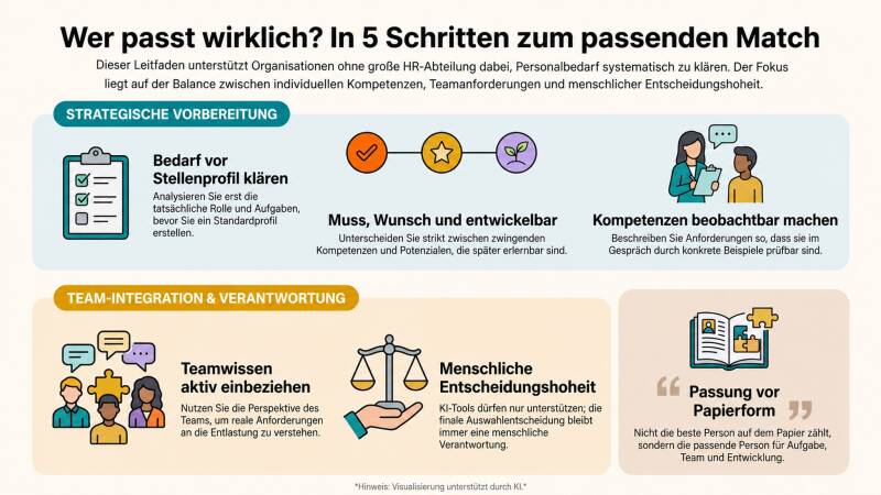 Infografik: In fünf Schritten zu passenden Mitarbeitenden – Bedarf klären, Kriterien unterscheiden, Kompetenzen beobachten, Teamwissen nutzen und menschlich entscheiden.