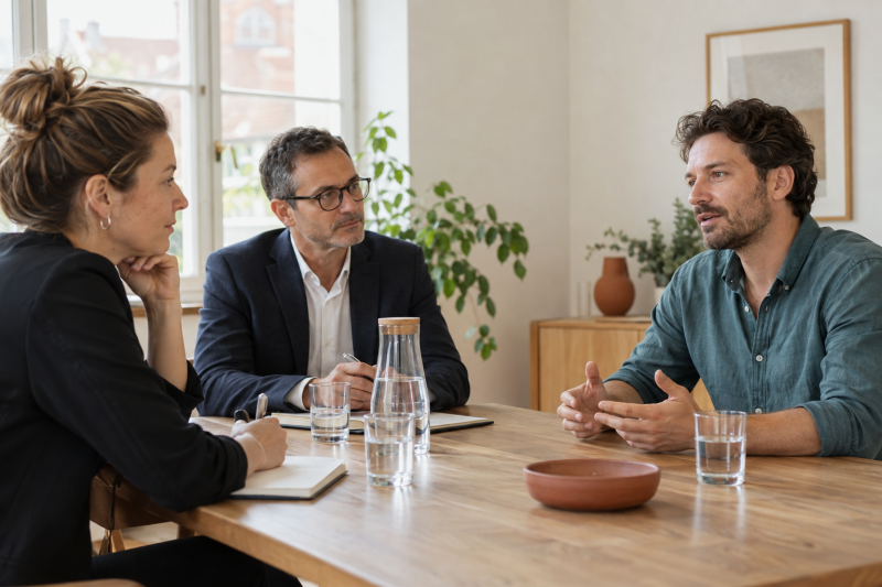 Fiktive Gesprächssituation: Ein Bewerber erläutert zwei Interviewenden sein Vorgehen