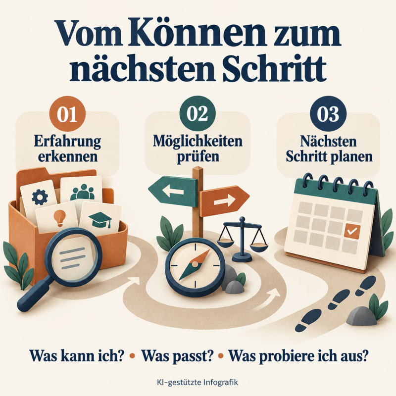 KI-gestützte Infografik: Erfahrung erkennen, Möglichkeiten prüfen und den nächsten beruflichen Schritt planen.