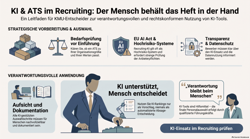 Infografik zu KI und ATS im Recruiting: Bedarfsprüfung, EU AI Act, Datenschutz, Dokumentation und menschliche Aufsicht