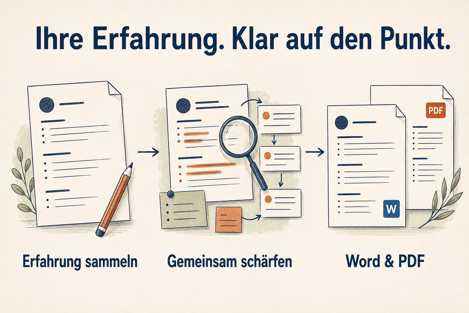 KI-generierte Illustration: Erfahrungen und Kompetenzen werden für den Lebenslauf sichtbar geordnet