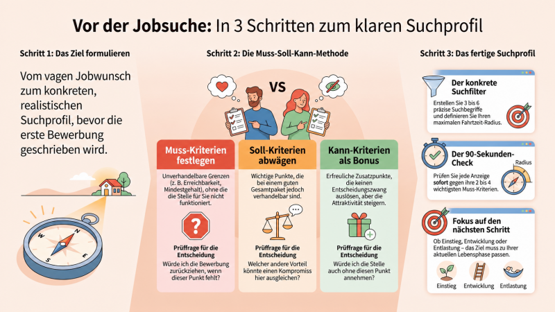 Infografik: In drei Schritten zum klaren Jobsuchprofil – Ziel formulieren, Muss-Soll-Kann-Kriterien ordnen und Suchfilter festlegen.