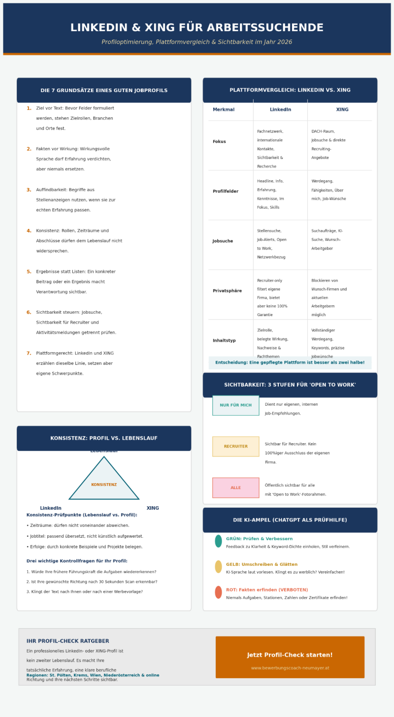 Infografik: LinkedIn und XING für Arbeitssuchende – sieben Grundsätze, Plattformvergleich, Sichtbarkeit bei Open to Work, Konsistenz mit dem Lebenslauf und ChatGPT als Prüfhilfe.