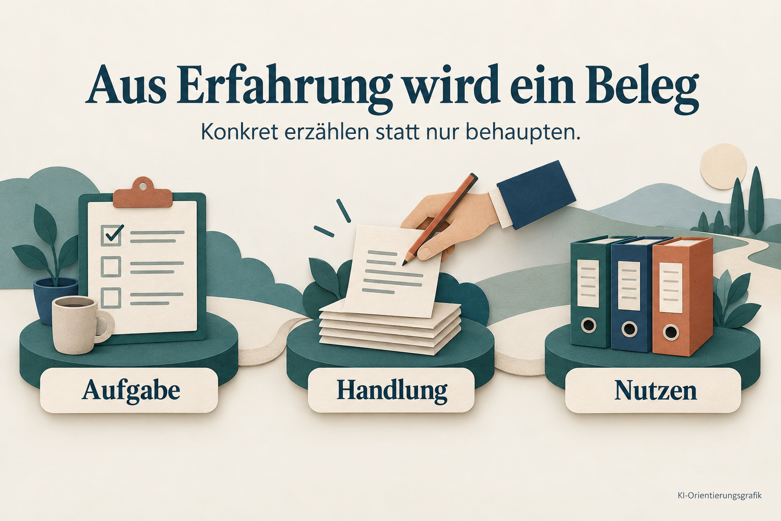 Orientierungsgrafik: Aus Erfahrung wird ein Beleg – Aufgabe, Handlung, Nutzen.