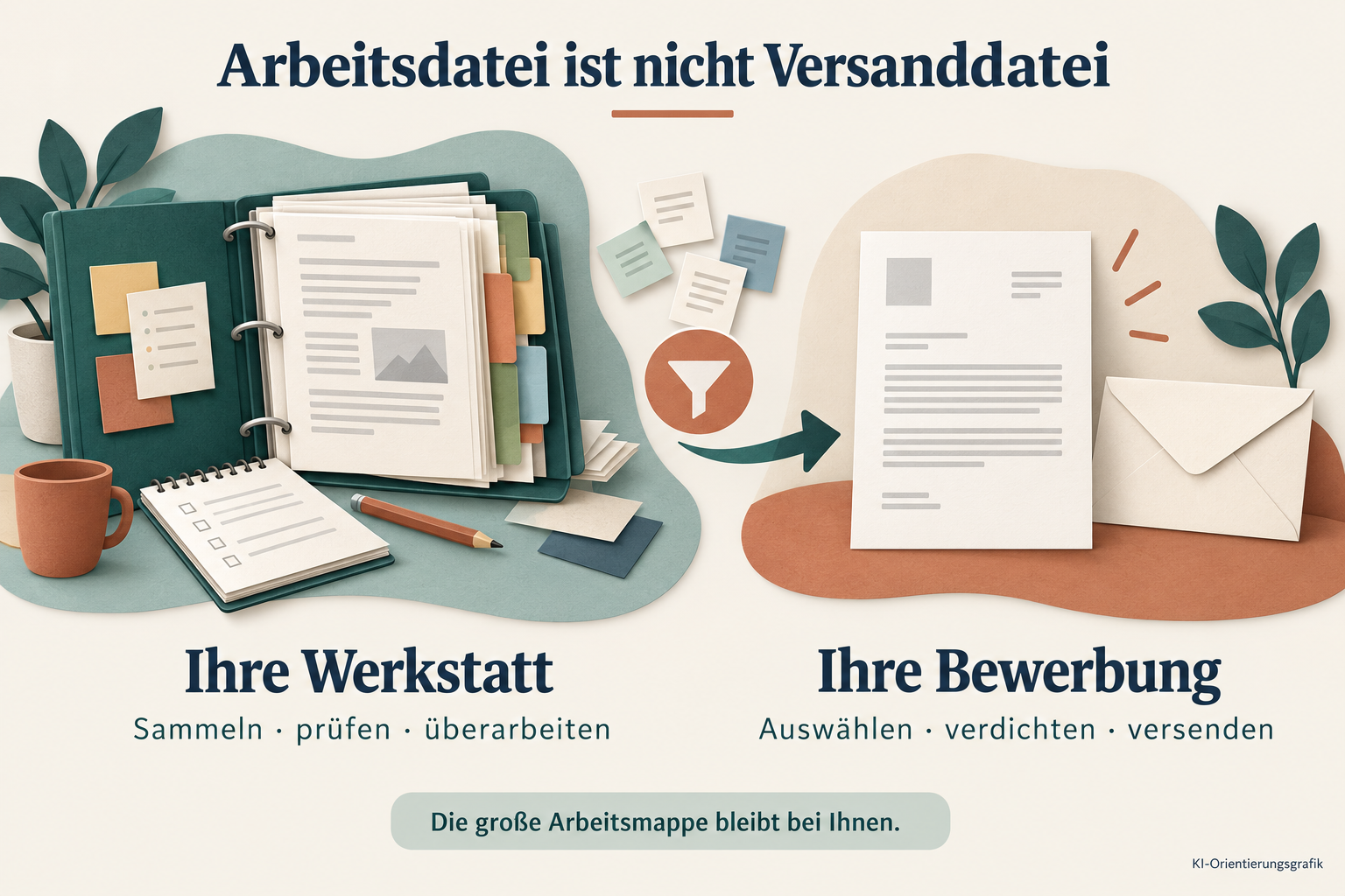 Grafik: Die Werkstatt dient zum Sammeln, Prüfen und Überarbeiten; die Bewerbung enthält ausgewählte, verdichtete Inhalte für den Versand.