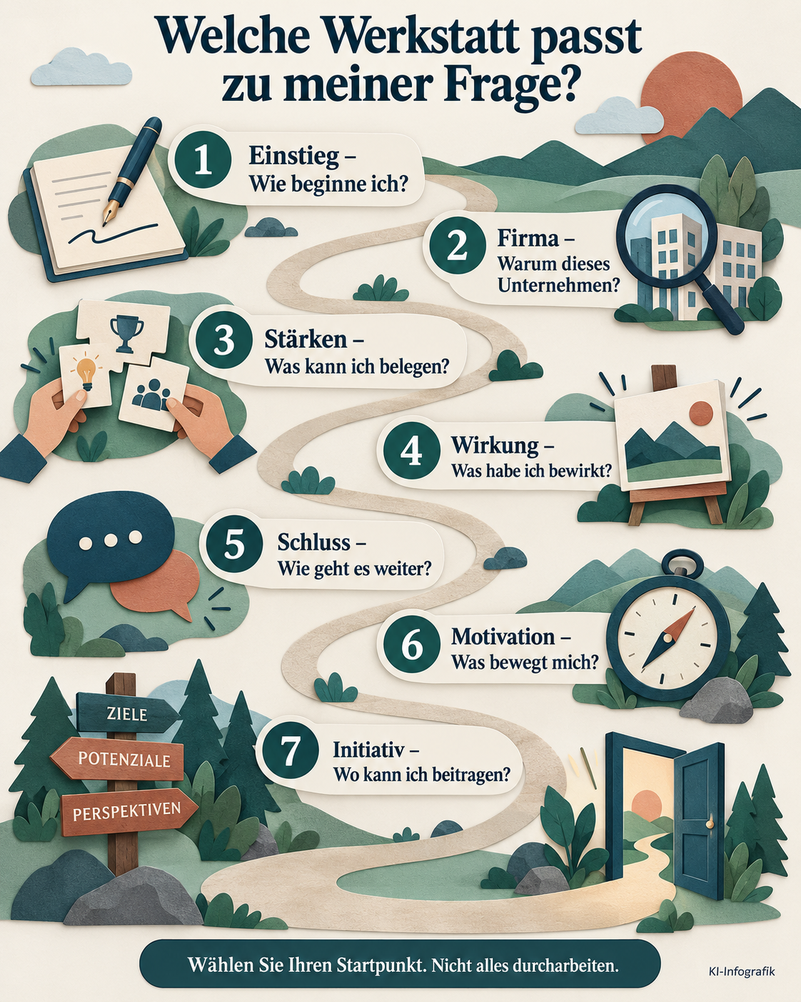 Infografik zu sieben Startpunkten: Einstieg, Firma, Stärken, Wirkung, Schluss, Motivation und Initiativbewerbung.