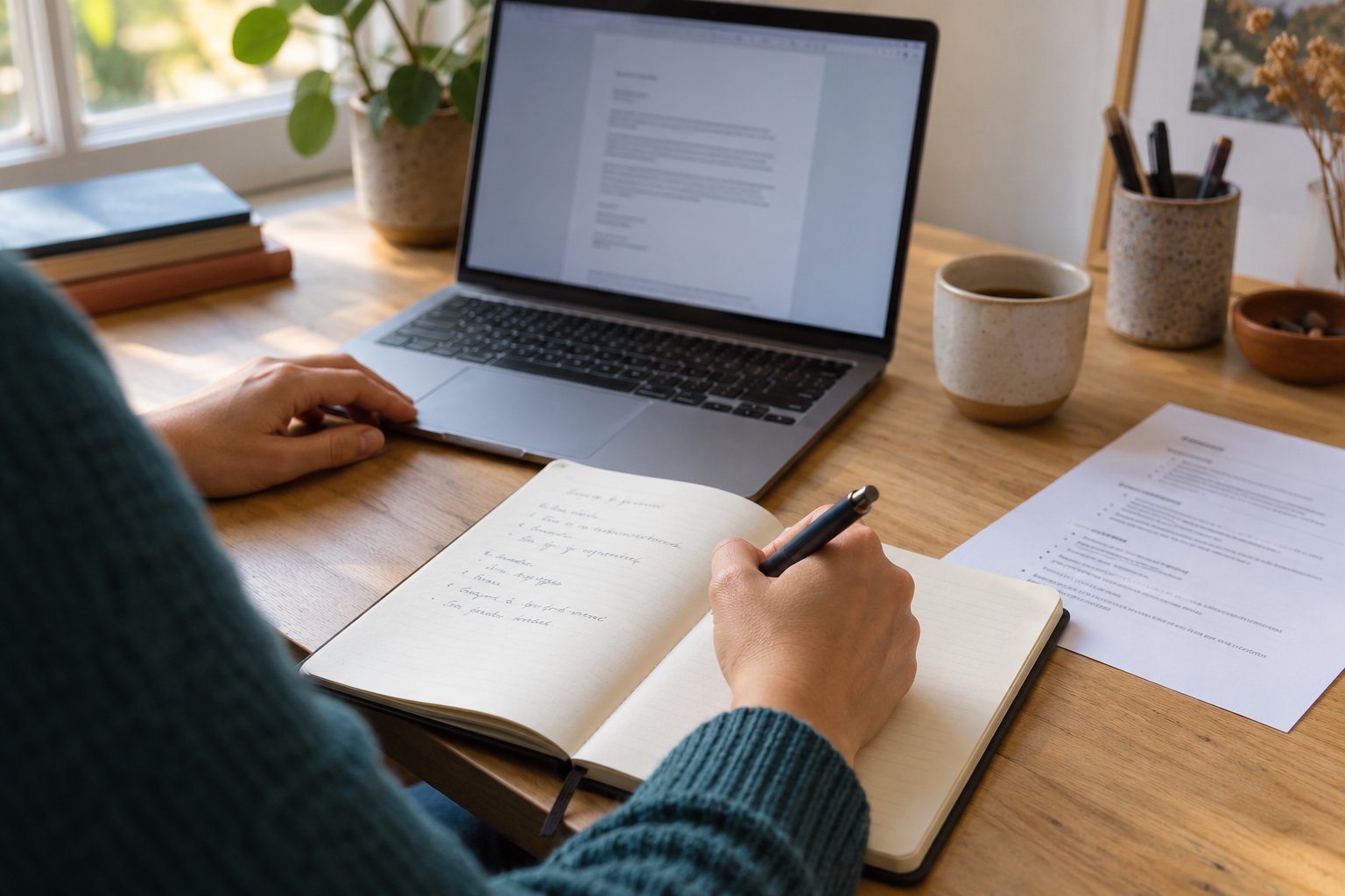 KI-Symbolfoto: Eine Person ordnet am Schreibtisch Notizen für ein Motivationsschreiben.