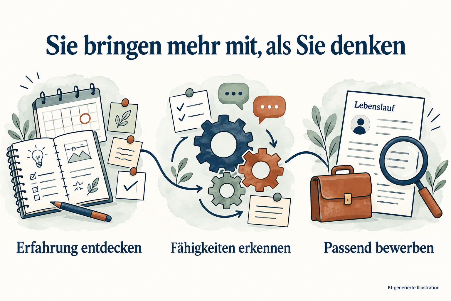 Drei Schritte: Erfahrungen aus Projekten entdecken, Fähigkeiten erkennen und passend bewerben – dargestellt mit Notizbuch, Team-Zahnrädern und Lebenslauf.