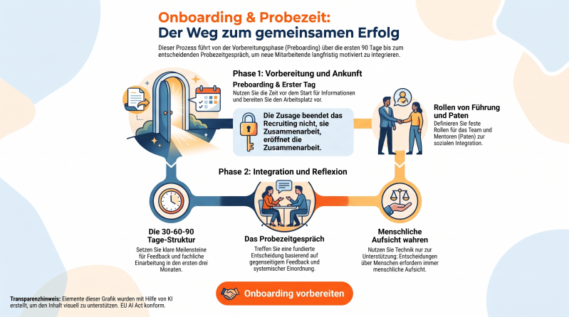 Infografik zum Onboarding-Prozess: Preboarding, erster Tag, 30-60-90-Tage-Struktur und Probezeitgespräch