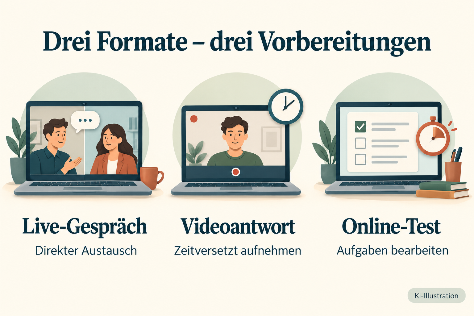Drei Formate: Live-Gespräch mit direktem Austausch, zeitversetzte Videoantwort und Online-Test mit Aufgaben.
