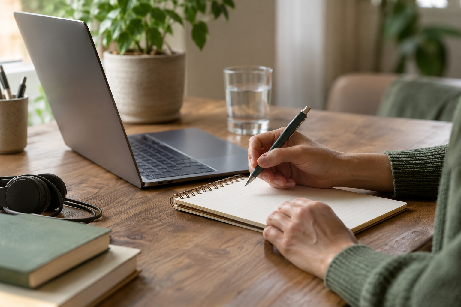KI-Symbolfoto: Hände schreiben kurze Notizen neben Laptop und Kopfhörern.