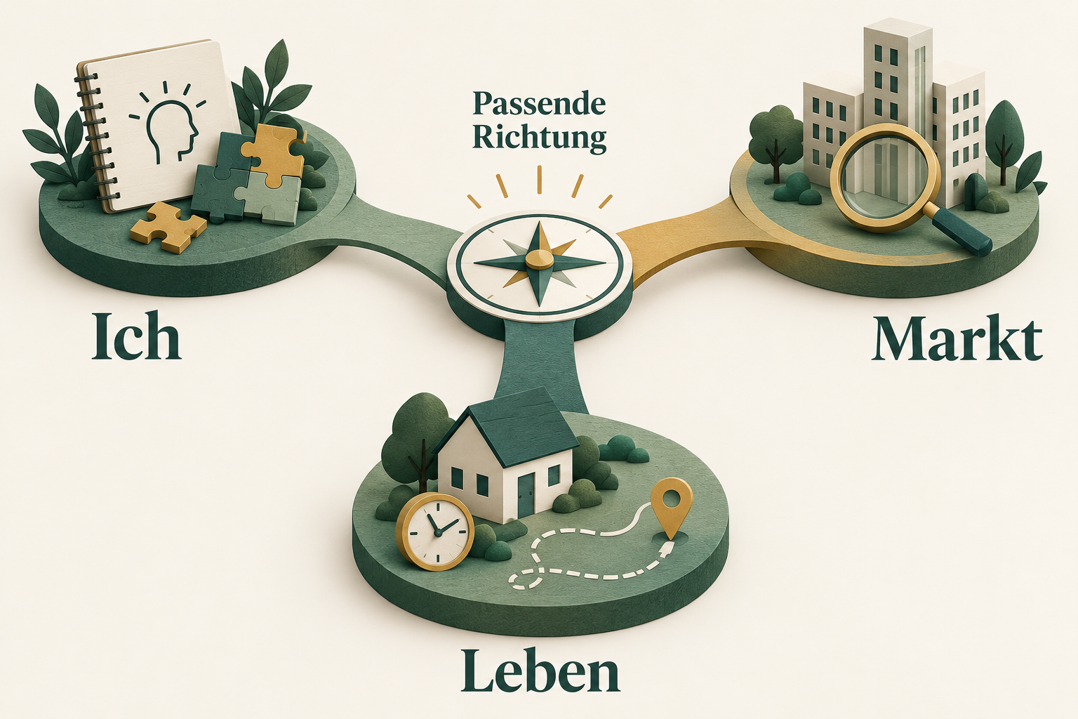 Drei Wege verbinden eigene Kompetenzen, Lebensbedingungen und Arbeitsmarkt zu einer passenden beruflichen Richtung.