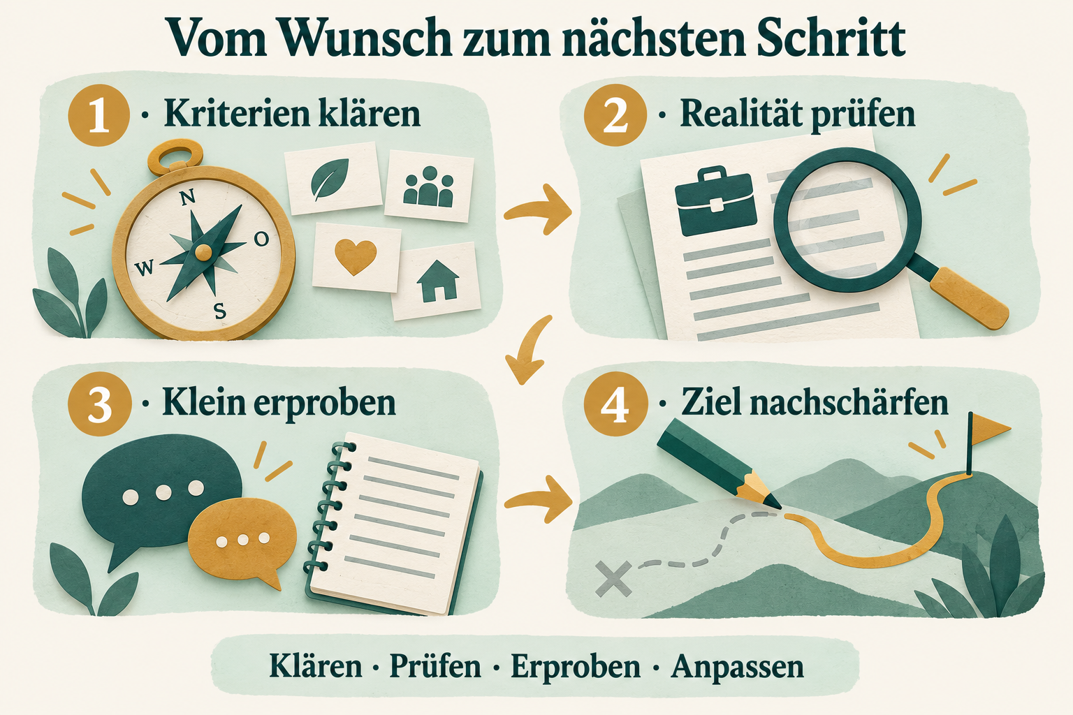 Vier Schritte der beruflichen Orientierung: Kriterien klären, Realität prüfen, klein erproben und das Ziel nachschärfen.