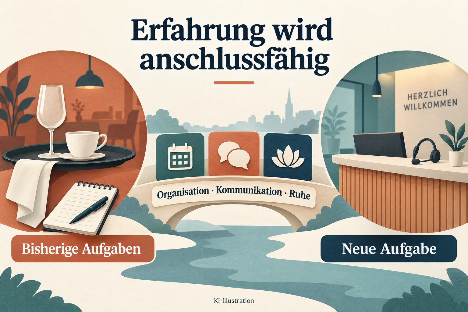 Organisation, Kommunikation und Ruhe verbinden Erfahrung aus der Gastronomie mit einer neuen Aufgabe am Empfang.