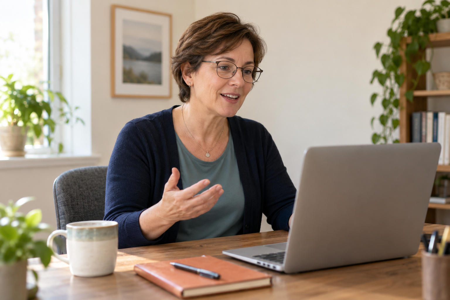 Eine Frau übt am Laptop, ihren beruflichen Wechsel verständlich zu erklären.