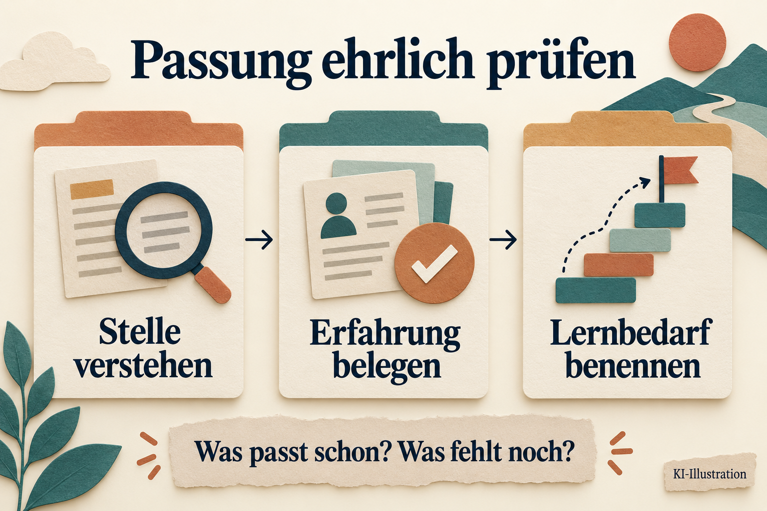 Drei Schritte zur ehrlichen Passungsprüfung: Stelle verstehen, Erfahrung belegen, Lernbedarf benennen.