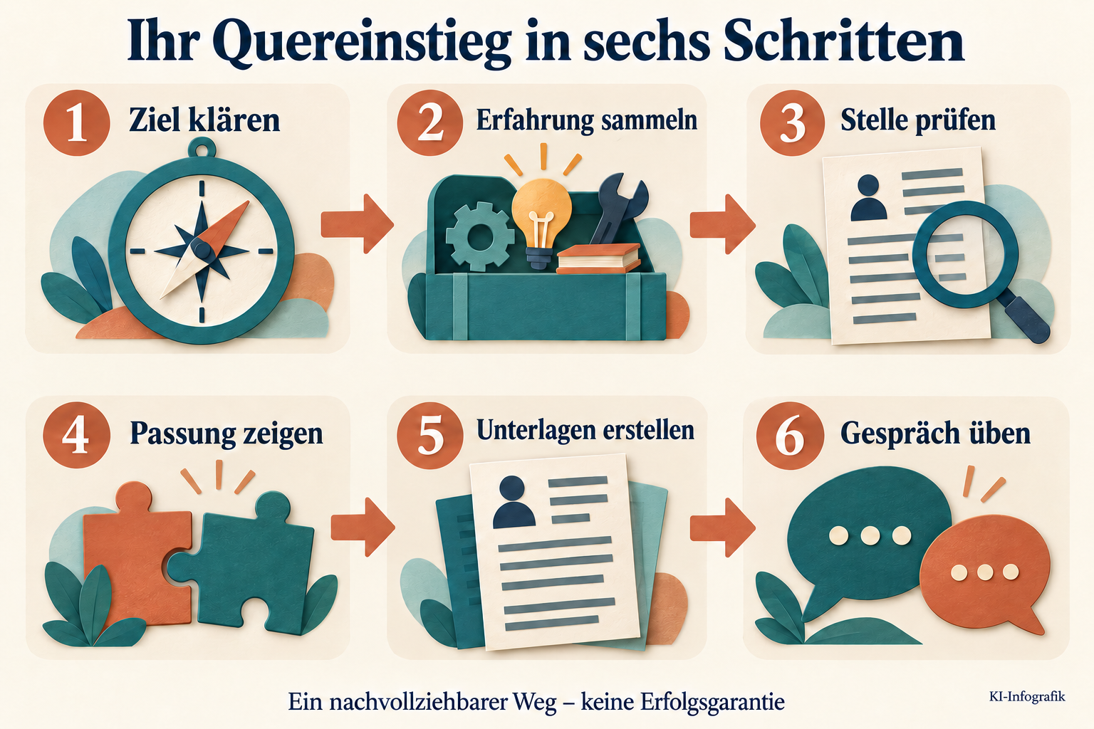 Sechs Schritte: Ziel klären, Erfahrung sammeln, Stelle prüfen, Passung zeigen, Unterlagen erstellen und Gespräch üben.