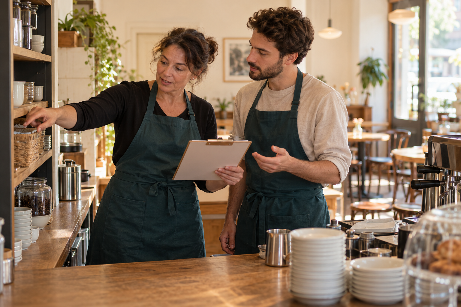 KI-Symbolfoto: Zwei Mitarbeitende besprechen vor der Öffnung eines Cafés praktische Abläufe und eine Checkliste.
