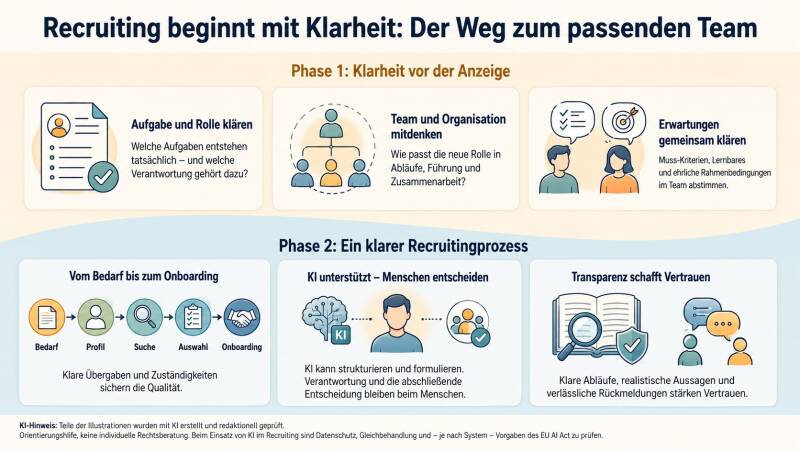 Infografik: Recruiting beginnt mit Klarheit – Aufgaben und Rolle klären, Team und Organisation einbeziehen, Erwartungen abstimmen, Recruitingprozess strukturieren und menschlich entscheiden.