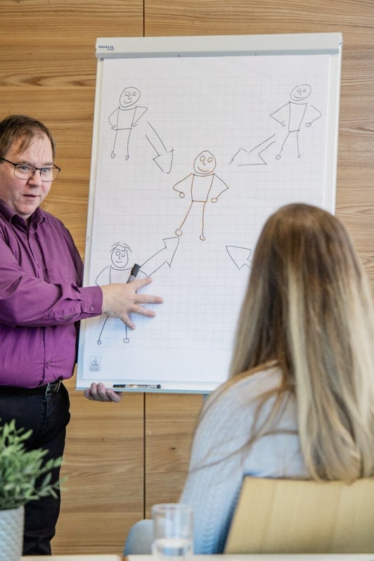 Ronald Neumayer erklärt Zusammenhänge an einem Flipchart