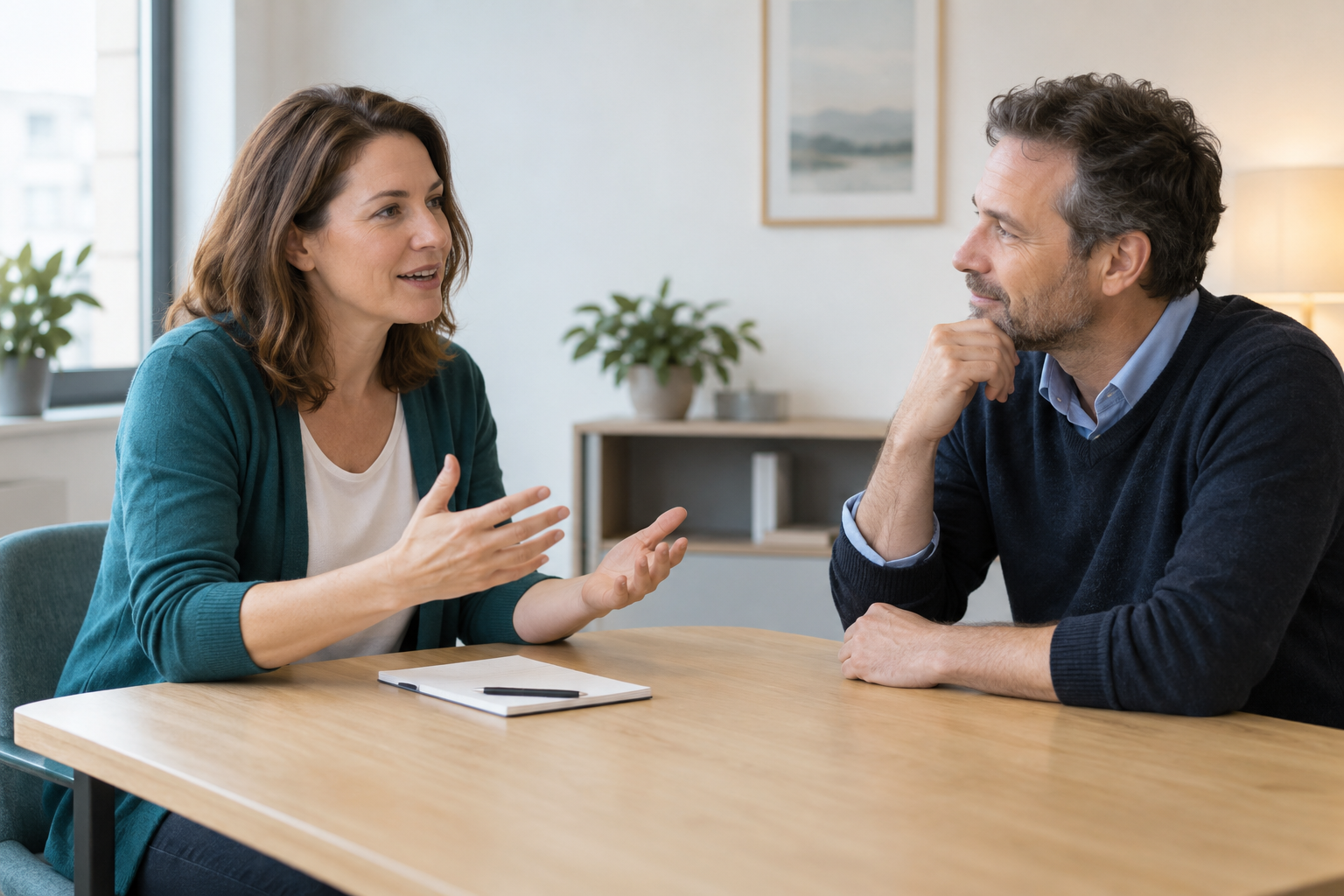 Fiktive Bewerberin übt ihre Selbstpräsentation mit einem aufmerksamen Gesprächspartner