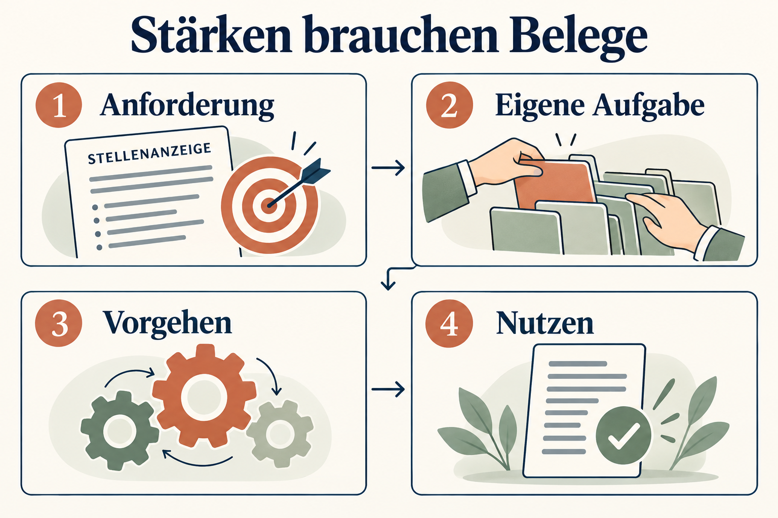 Stärken belegen: Anforderung, eigene Aufgabe, Vorgehen und Nutzen.