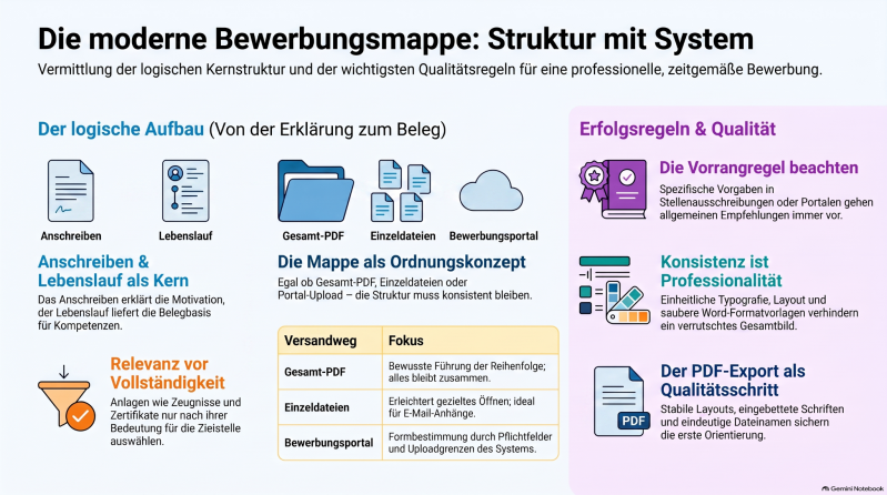 Infografik: Aufbau moderner Bewerbungsunterlagen mit Anschreiben, Lebenslauf, Gesamt-PDF, Einzeldateien, Bewerbungsportal und Qualitätsregeln.