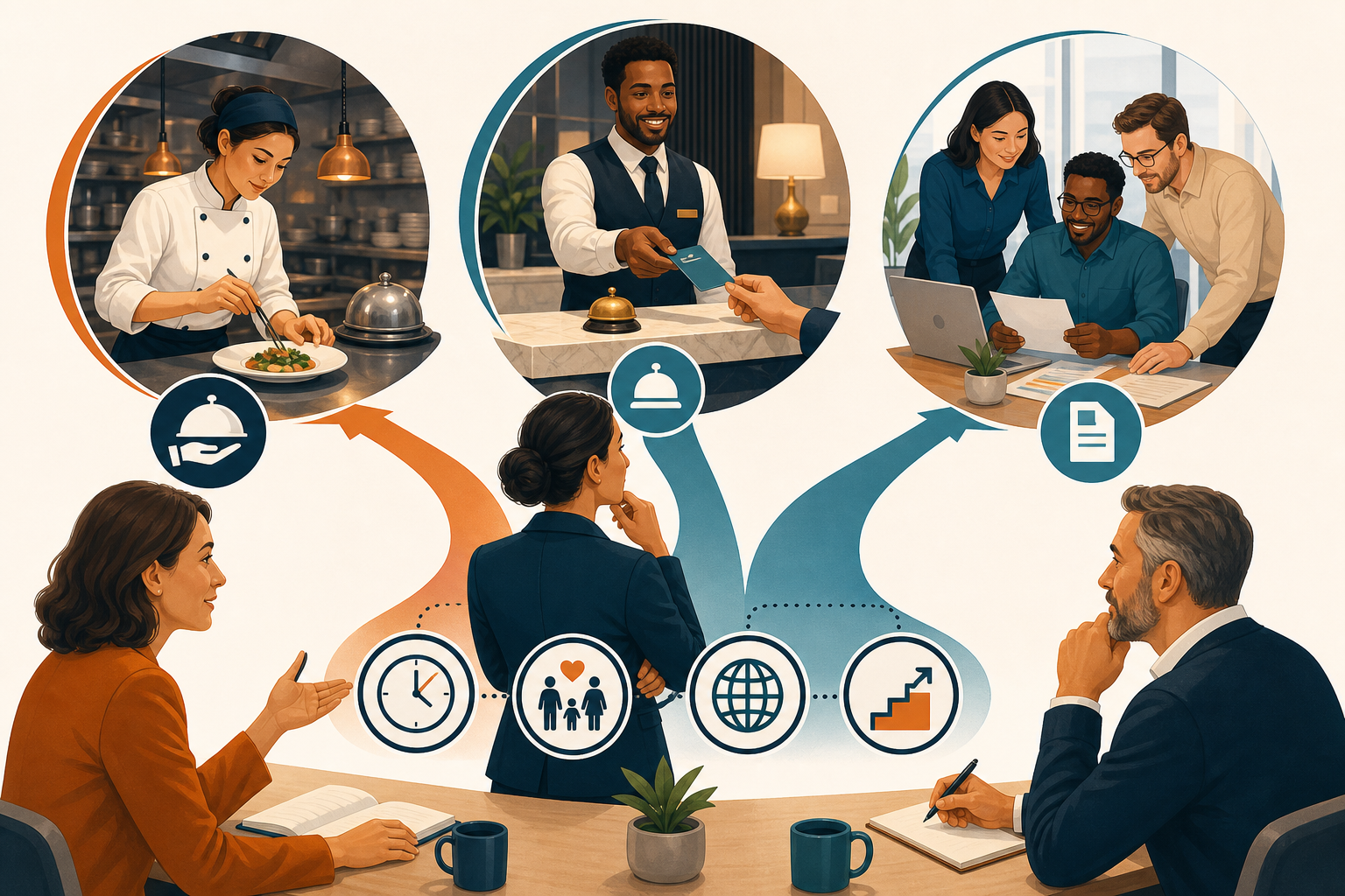 Infografik zum Onboarding-Prozess: Preboarding, erster Tag, 30-60-90-Tage-Struktur und Probezeitgespräch