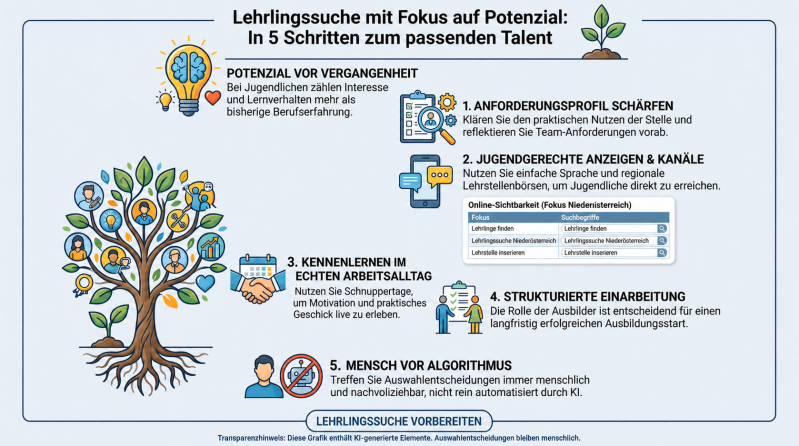 Infografik zur Lehrlingssuche: Potenzial erkennen, jugendgerechte Ansprache, Schnuppertag und strukturierte Einarbeitung