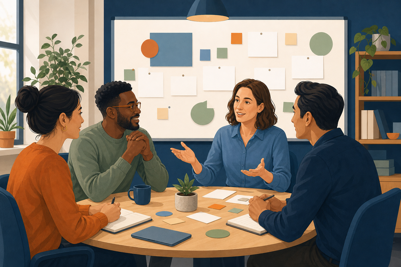 Neues Teammitglied, Mentor, Fuehrungskraft und Begleitung reflektieren Onboarding und Entwicklung gemeinsam.
