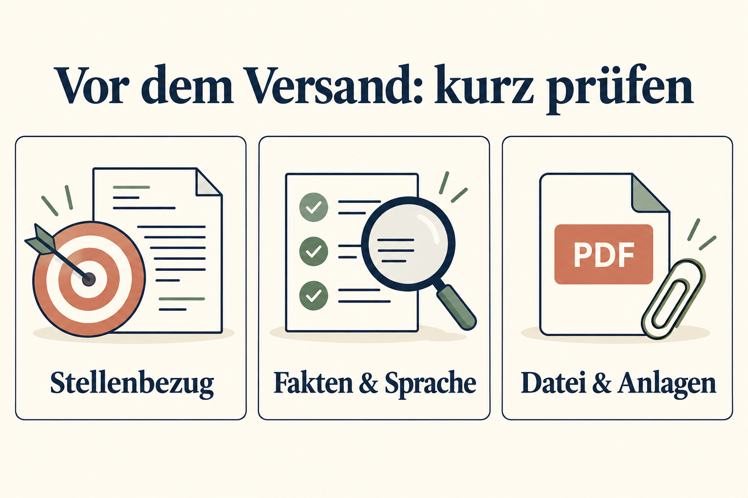 Vor dem Versand Stellenbezug, Fakten und Sprache sowie Datei und Anlagen prüfen.