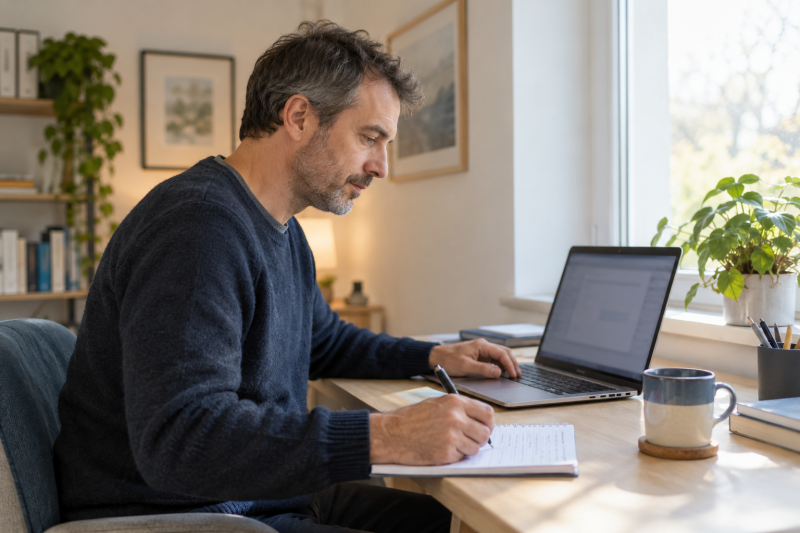 KI-generiertes Symbolfoto: Ein Mann frischt am Laptop Kenntnisse auf und macht sich Notizen. Keine reale Kundensituation.
