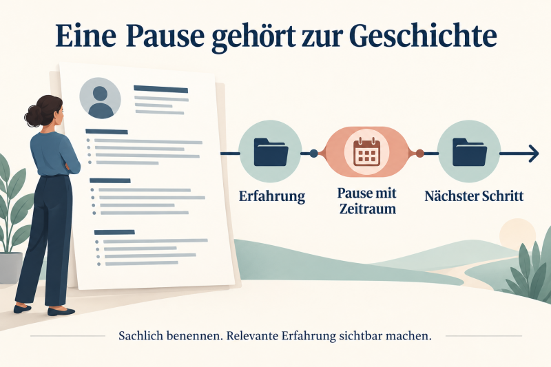 KI-Grafik: Erfahrung, Pause mit Zeitraum und nächster Schritt bilden eine nachvollziehbare berufliche Geschichte.
