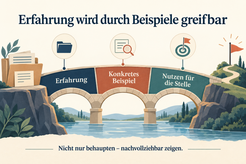 Eine Brücke verbindet Erfahrung, ein konkretes Beispiel und den Nutzen für die Stelle.