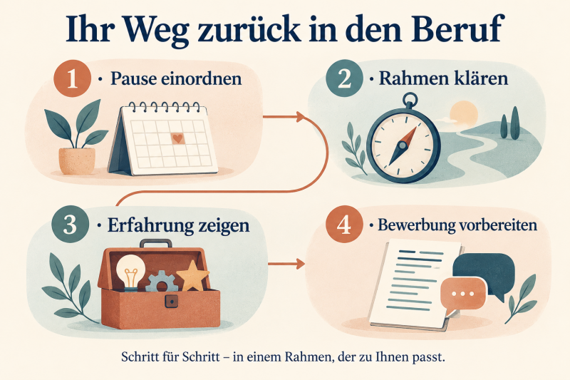 KI-Infografik: Pause einordnen, Rahmen klären, Erfahrung zeigen und Bewerbung vorbereiten.