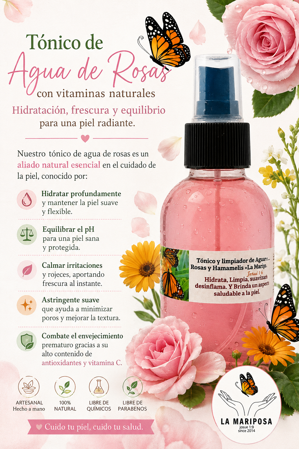 Tónico de Agua de Rosas y Vitaminas para una piel más hidratada y bella.