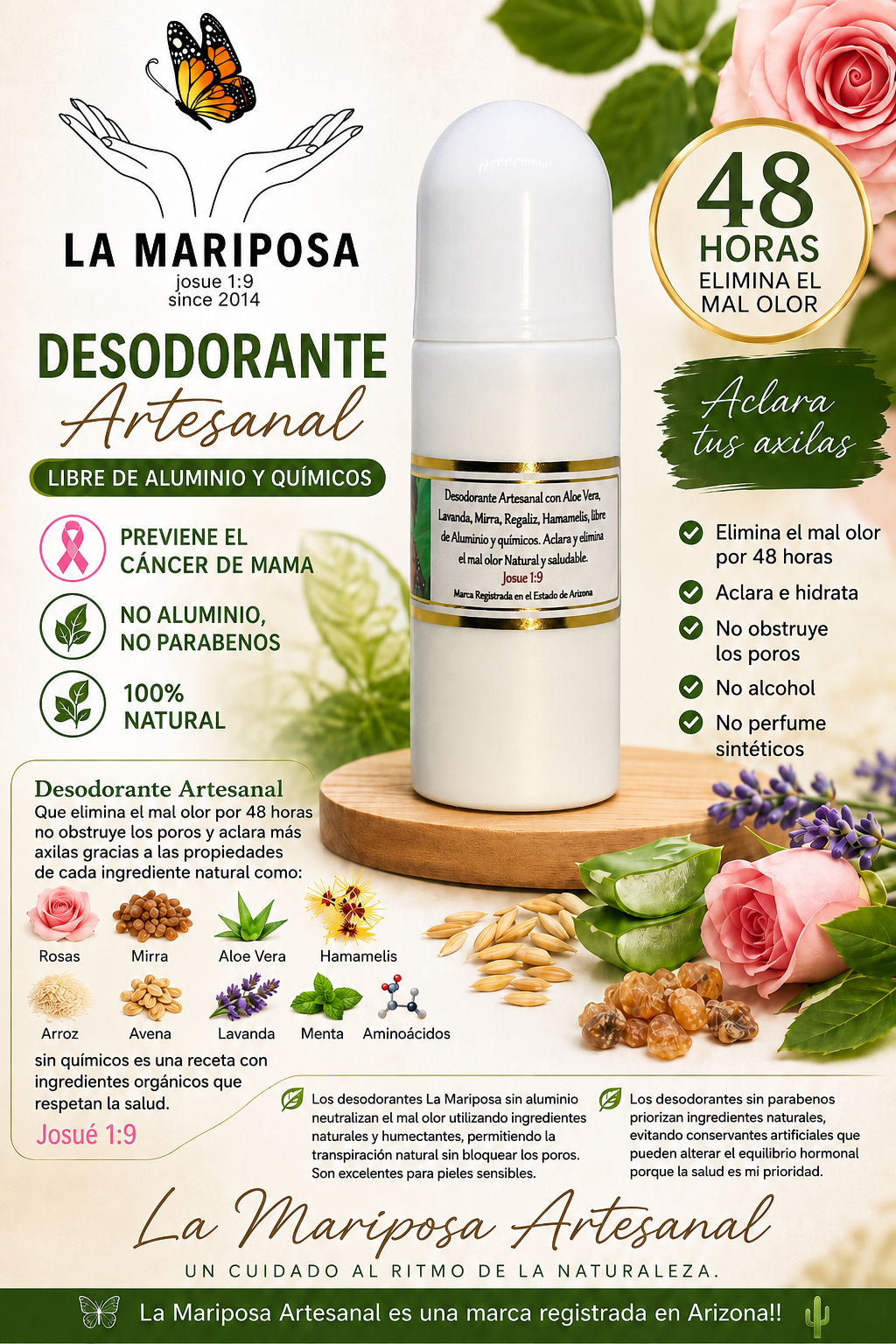 Desodorante Natural La Mariposa con Aloe Vera y hamamelis aclara las axilas y elimina el mal olor por 48 horas!