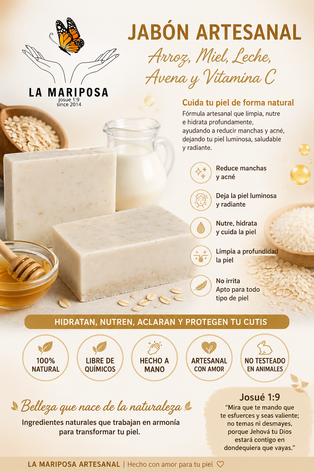 La Mariposa Jabón Artesanal de arroz en barra Natural, reduce manchas  y acné.