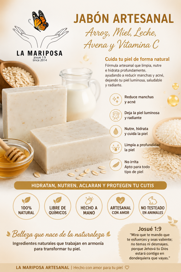 La Mariposa Jabón Artesanal de arroz en barra Natural, reduce manchas  y acné.