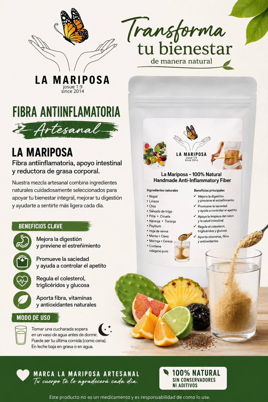 Fibra~ Antiinflamatoria Artesanal La Mariposa, Apoyo digestivo, pérdida de peso, limpieza de  colon, piel, cabello y salud en general, sistema inmunológico.