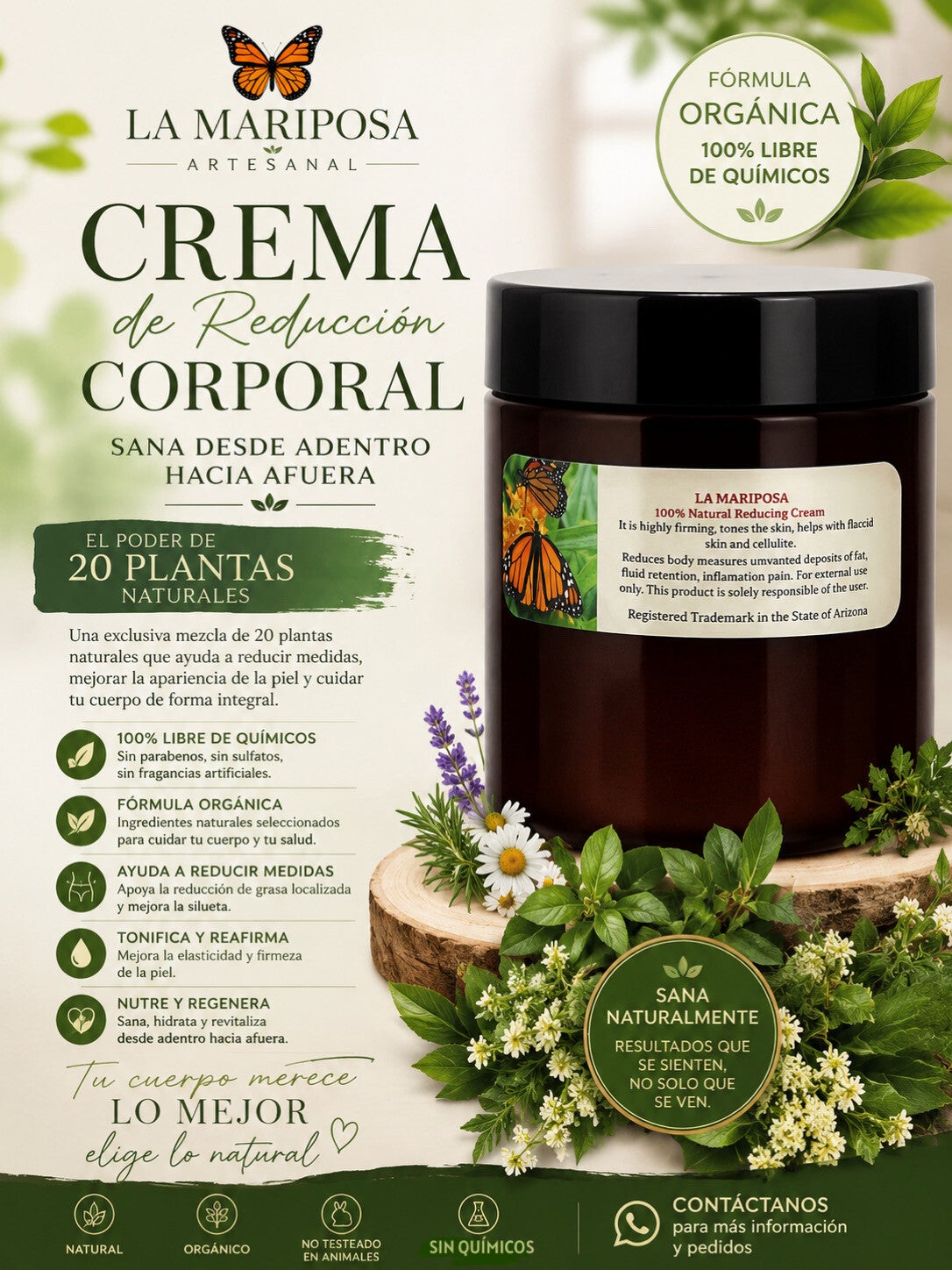 Crema La Mariposa de plantas excelente en reducir medidas  corporales 8 Oz
