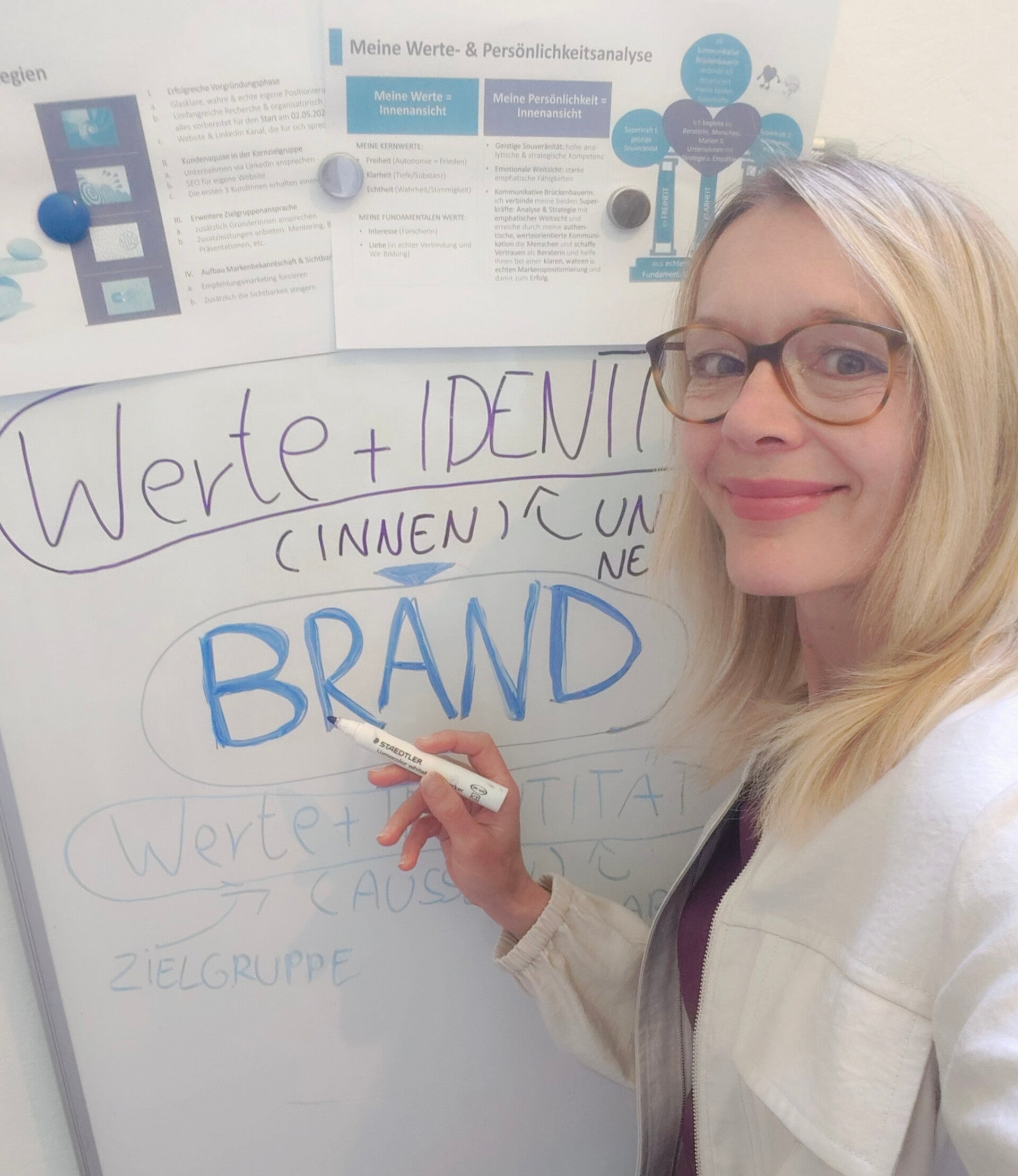 Ausschnitt Stefanie Walker erstellt am Whiteboard eine Werte-Grafik
