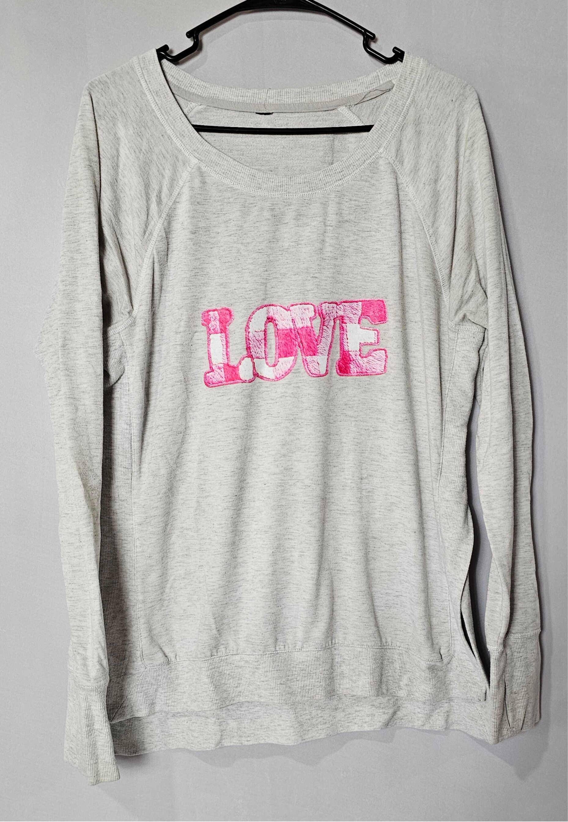 Upcycled Gray Top Pink LOVE Iron On