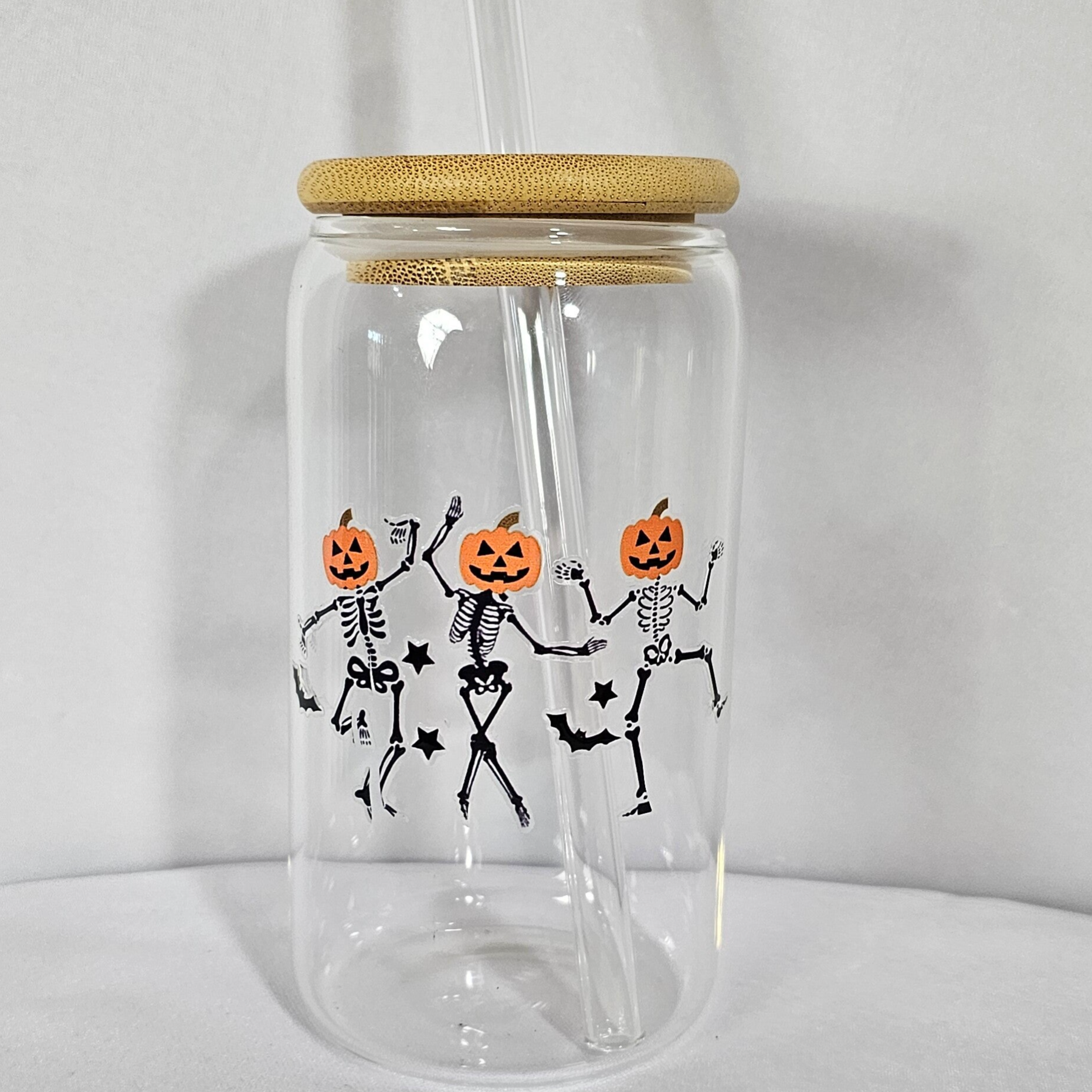 Halloween Glass with bamboo lid and glass straw