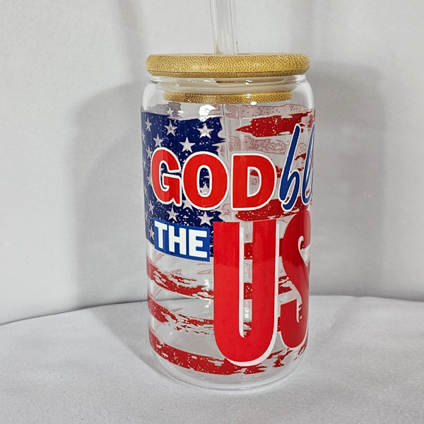 God Bless The USA 16oz Glass with Glass Straw & Bamboo Lid