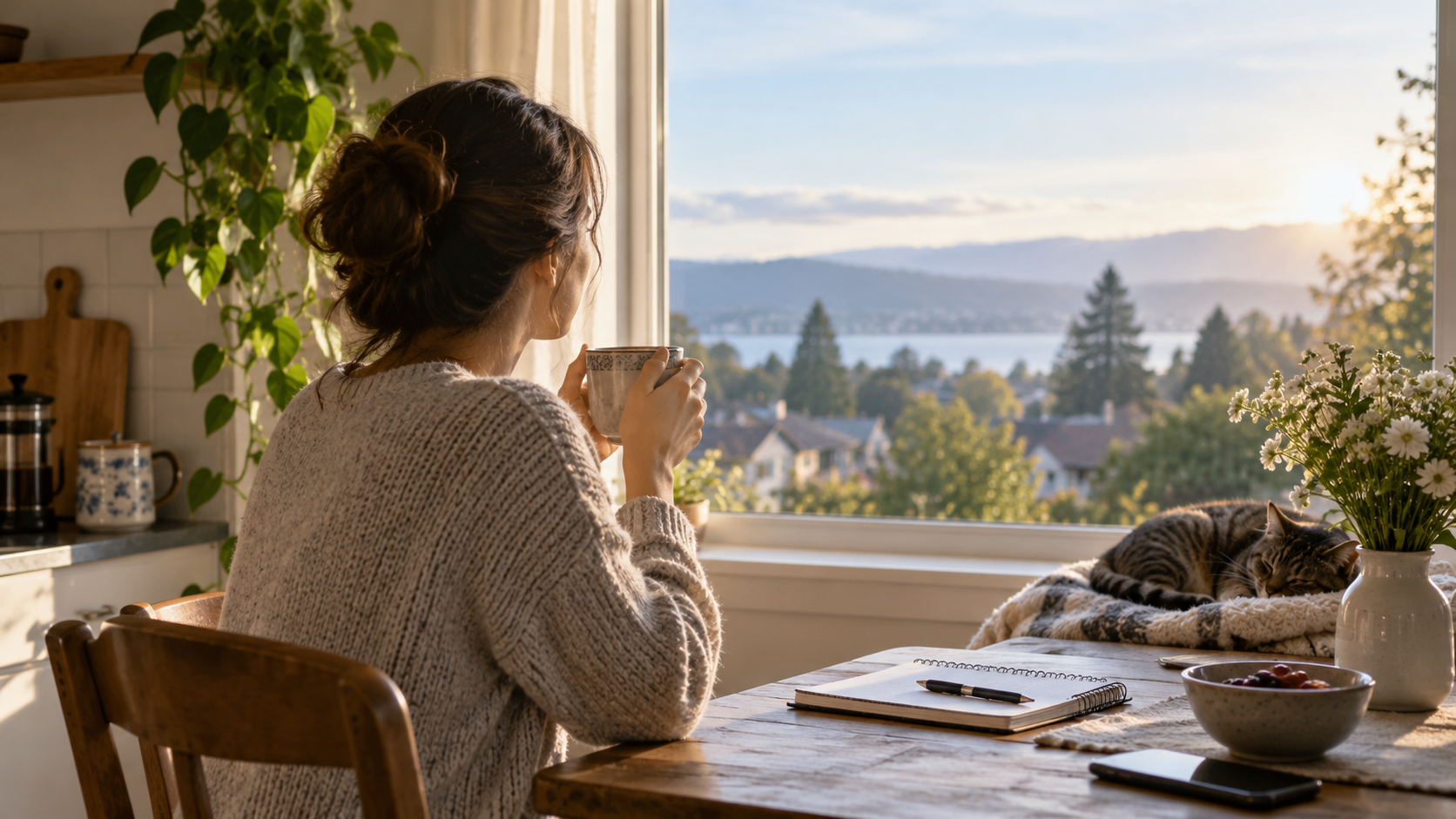 Frau schaut aus dem Fenster in Berglandschaft Beispielbild für Ruhe am Morgen
