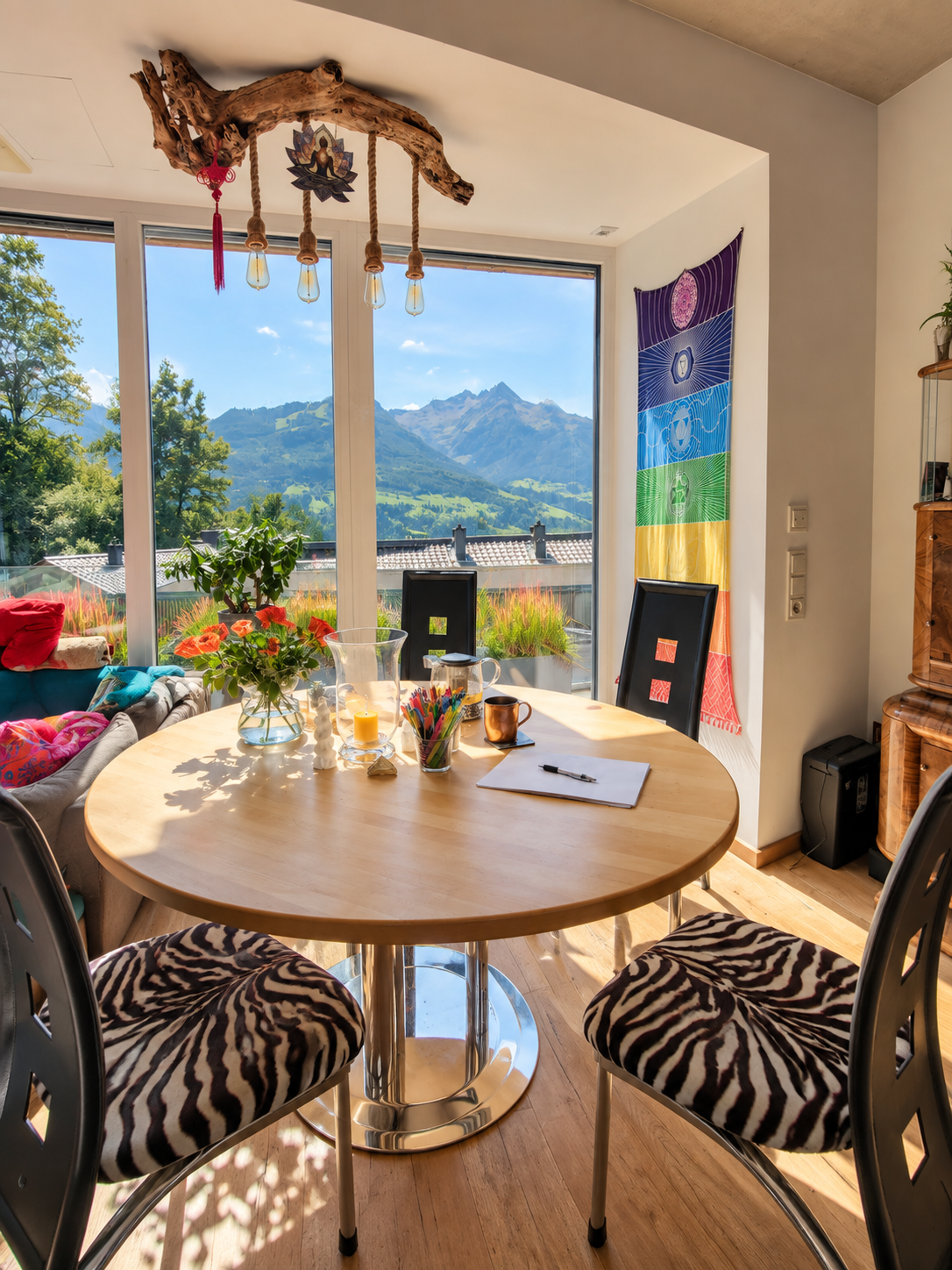 Heller Raum für persönliche Einzelbegleitung bei Tina Künzel in Piesendorf mit zwei Stühlen, rundem Tisch und Blick auf die Pinzgauer Berge.
