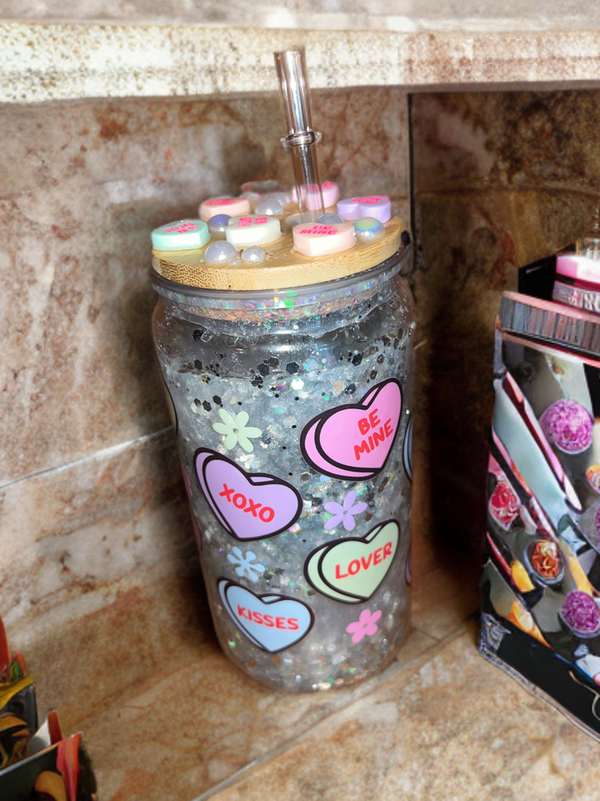 16 ounce Acrylic Snowglobe Tumbler “Conversation Hearts”
